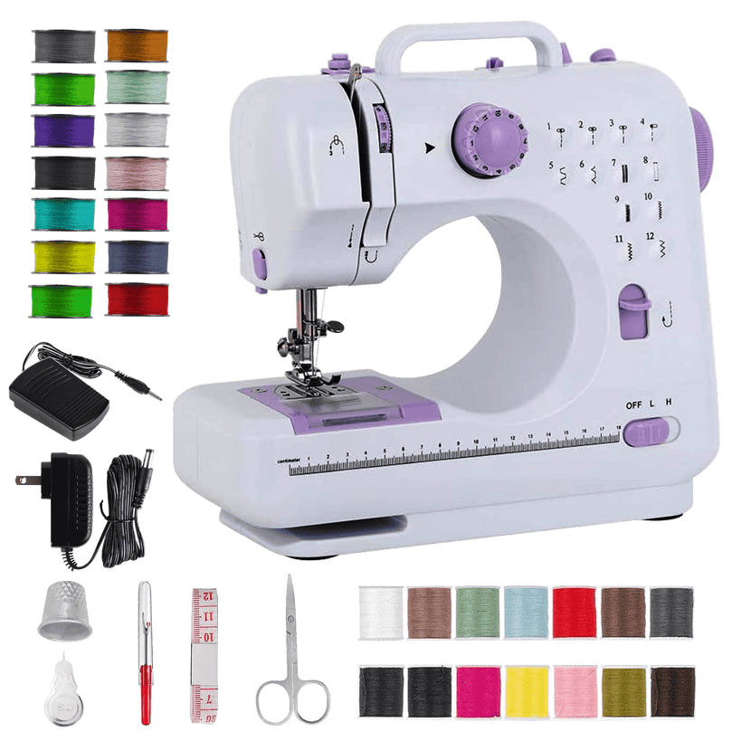BCOOSSS Portable mini Sewing Machine for Beginner Multi-Functional Portable Machine with 12 Built-in Stitches Foot Pedal-Purple