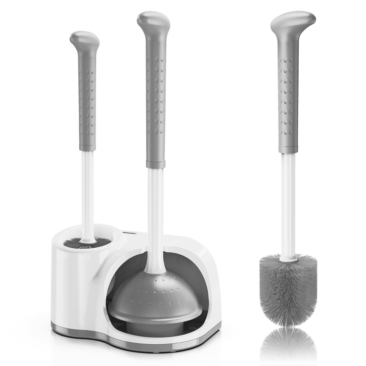 ILAVCLEAN Toilet Brush and Plunger with Caddy Toilet Bowl Brush and Holder Combo Set for Bathroom Scrubber, White