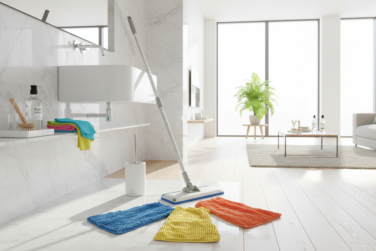 生成一个关于家庭清洁的场景 我们的主营产品是拖把布，马桶刷等