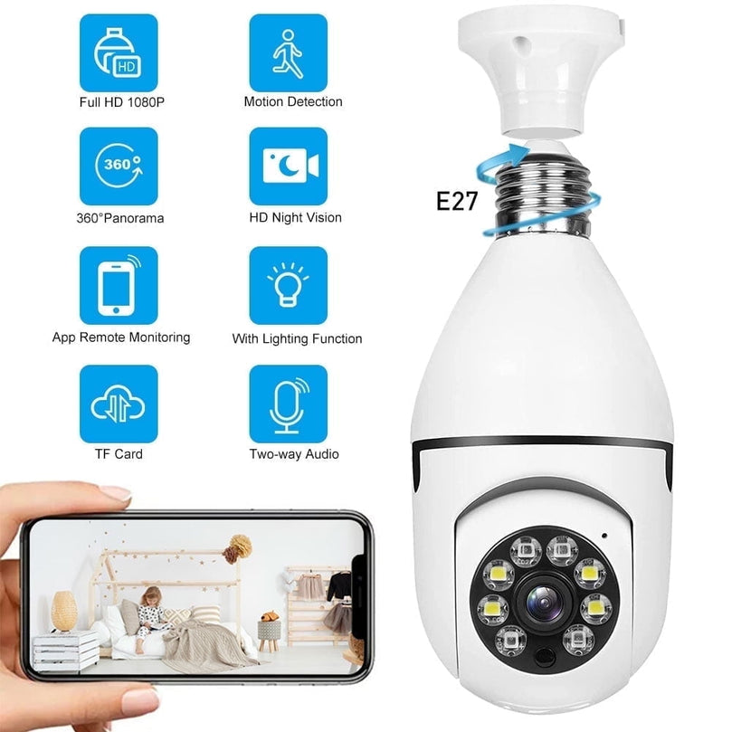 Home Security Camera Wireless WIFI Outdoor Surveillance Camera with Light Bulb 1080 HD Motion Detection 360 Degree Wide Angle