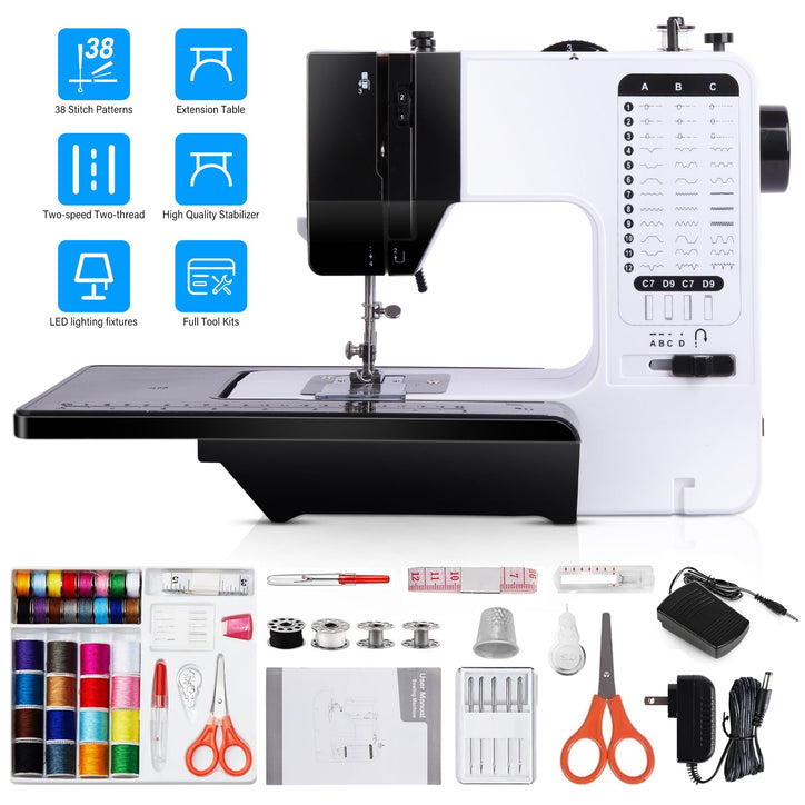 BCOOSSS Portable Sewing Machine for Beginners with Extension Table 38 Built-in Stitches for Adult