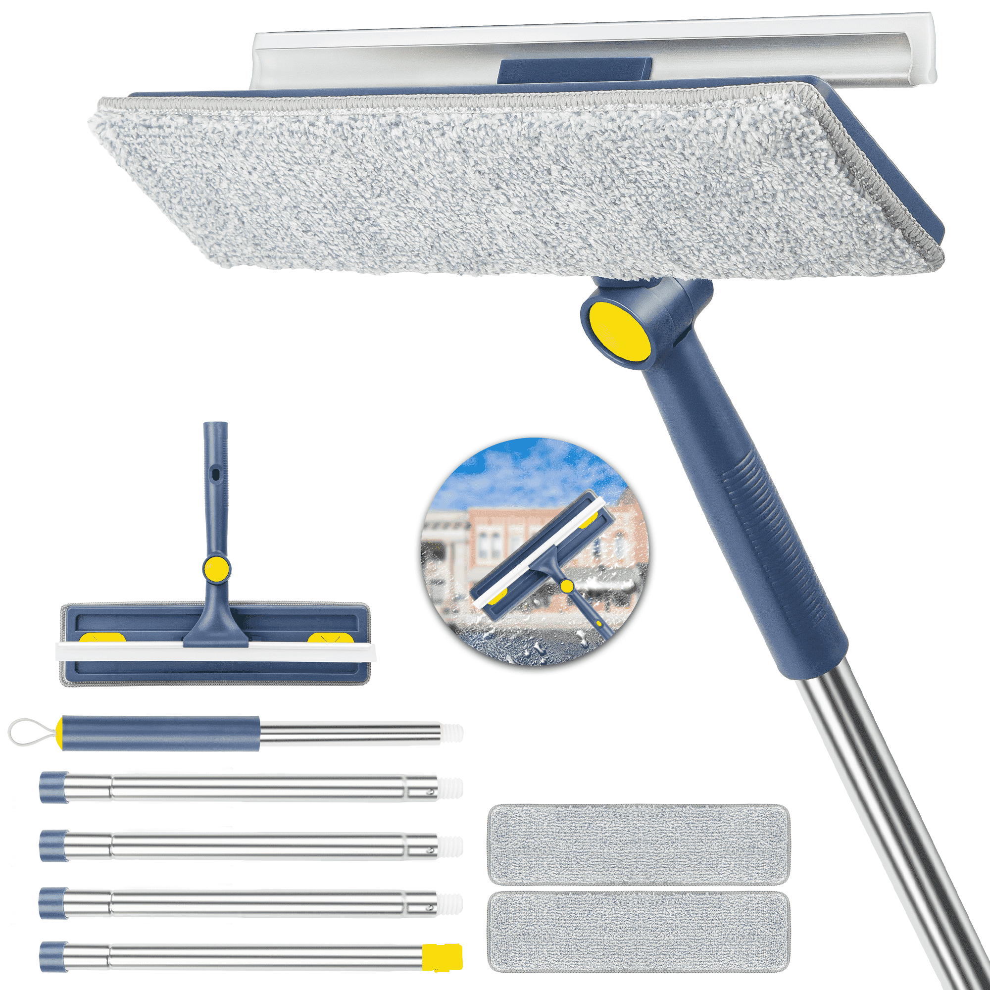 ILAVCLEAN 2-in-1 Window Squeegee with Long Handle for Bathroom Shower 63 inches Window Cleaner Kit with 2 Washing Pads Outdoor Window Cleaning Tool