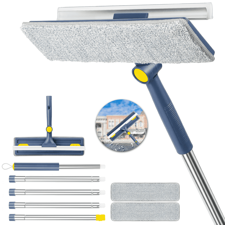ILAVCLEAN 2-in-1 Window Squeegee with Long Handle for Bathroom Shower 63 inches Window Cleaner Kit with 2 Washing Pads Outdoor Window Cleaning Tool